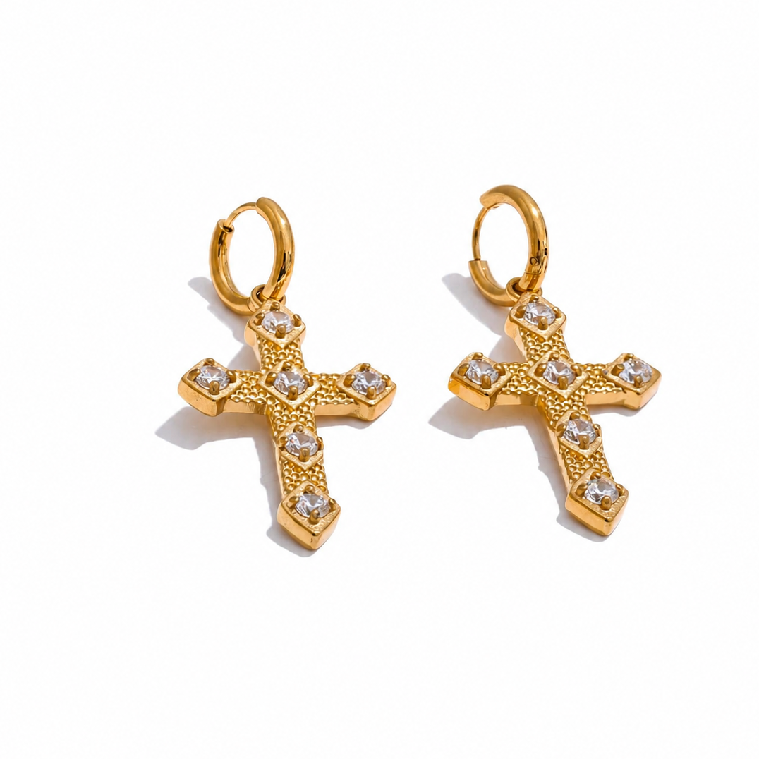 Pendientes de Aro con Cruz y Circonitas Bañados en Oro 18K o Platino — Elegancia Clásica