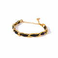 Pulsera de Cuero y Cadena Bañada en Oro 18K o Platino — Estilo Statement Chic