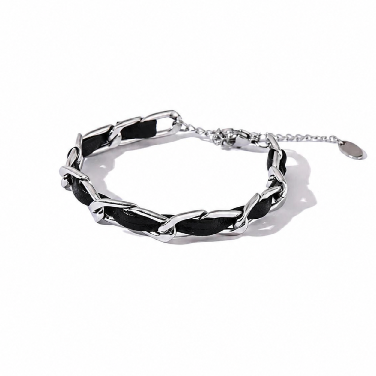 Pulsera de Cuero y Cadena Bañada en Oro 18K o Platino — Estilo Statement Chic