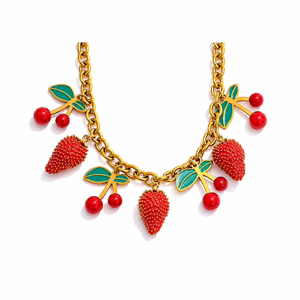 Collar de Cerezas y Fresas Bañado en Oro 18K — Estilo Dulce y Chic