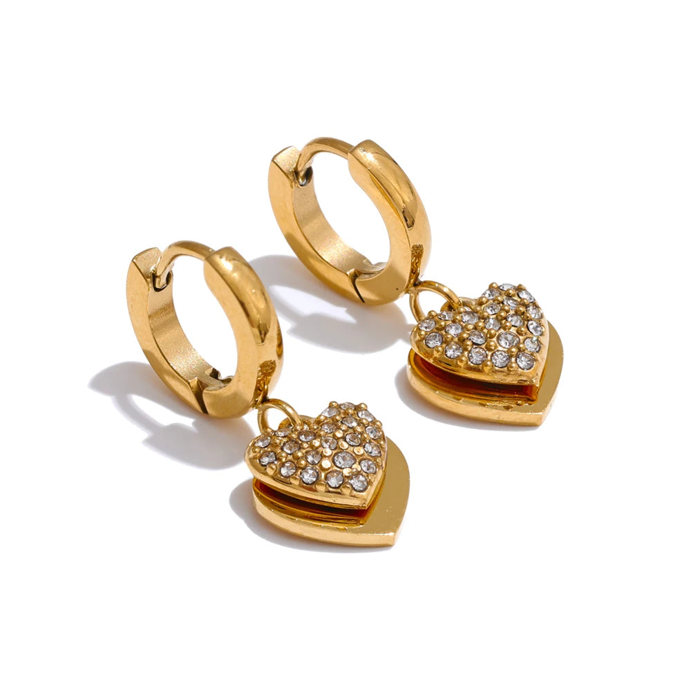 Pendientes de Aro Doble Corazón con Circonitas Bañados en Oro 18K o Platino — Elegancia Romántica