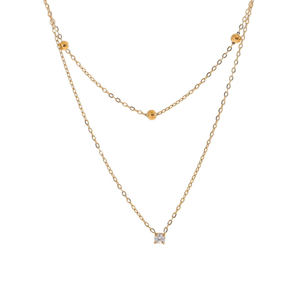Collar Doble Capa Bañado en Oro 18K o Platino de Acero Inoxidable con Circonitas — Estilo Coreano Elegante