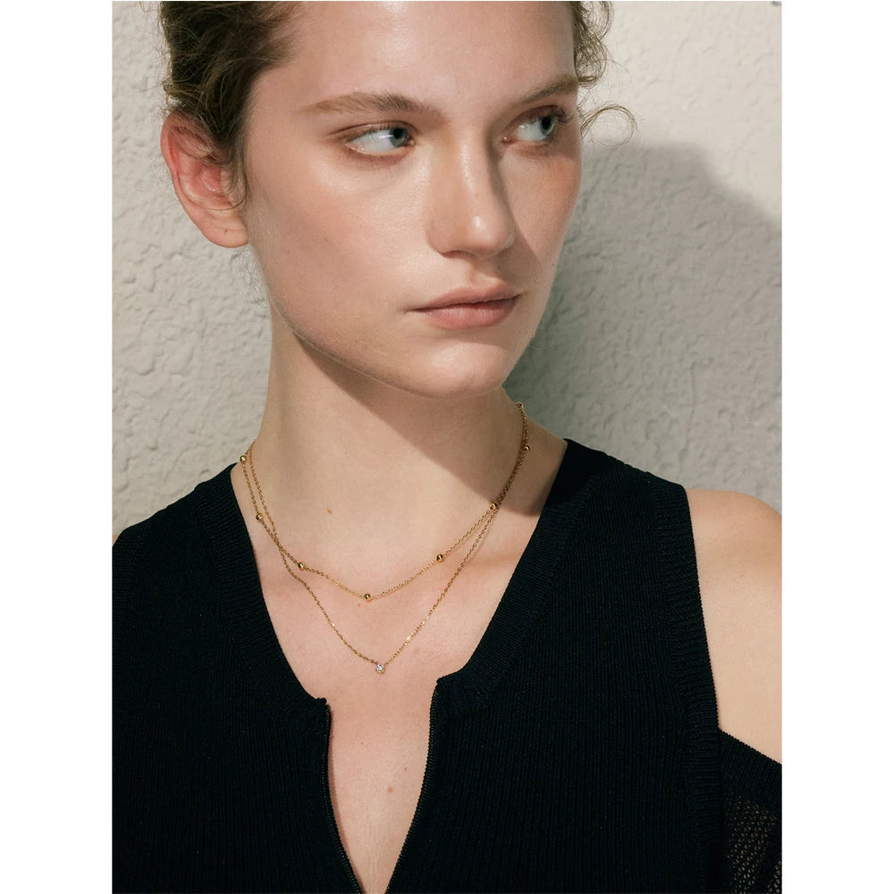 Collar Doble Capa Bañado en Oro 18K o Platino de Acero Inoxidable con Circonitas — Estilo Coreano Elegante