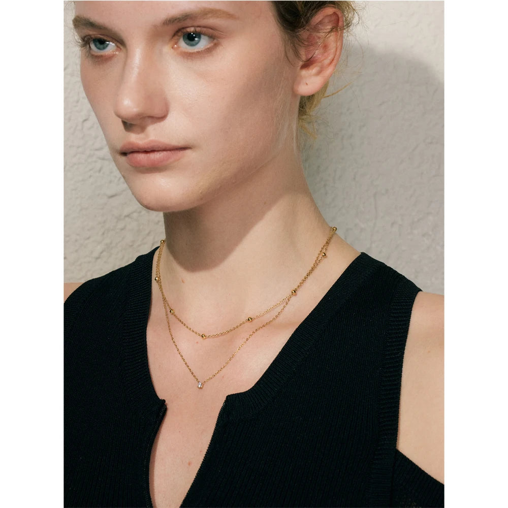 Collar Doble Capa Bañado en Oro 18K o Platino de Acero Inoxidable con Circonitas — Estilo Coreano Elegante