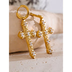 Pendientes de Aro con Cruz y Circonitas Bañados en Oro 18K o Platino — Elegancia Clásica