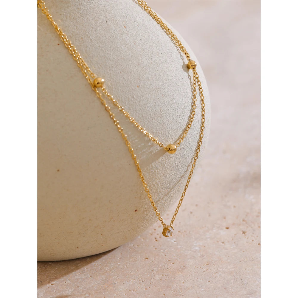 Collar Doble Capa Bañado en Oro 18K o Platino de Acero Inoxidable con Circonitas — Estilo Coreano Elegante