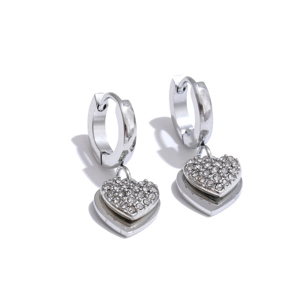 Pendientes de Aro Doble Corazón con Circonitas Bañados en Oro 18K o Platino — Elegancia Romántica