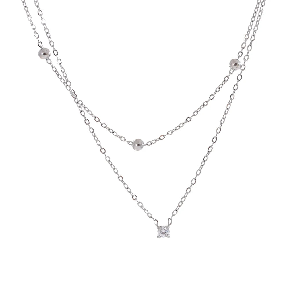 Collar Doble Capa Bañado en Oro 18K o Platino de Acero Inoxidable con Circonitas — Estilo Coreano Elegante